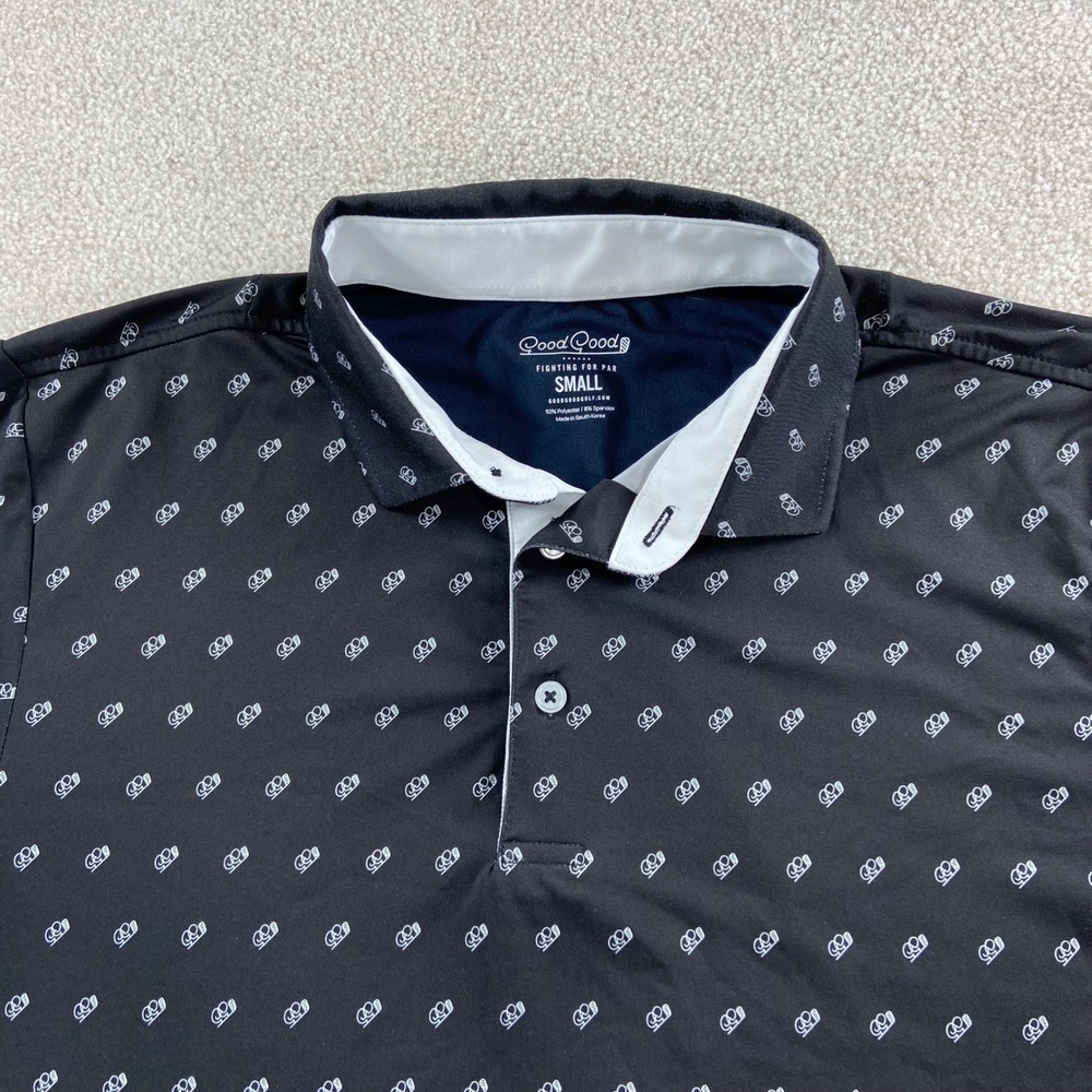 Good Good Golf Polo Shirt Mens Small Black White Logo Print Performance Stretch